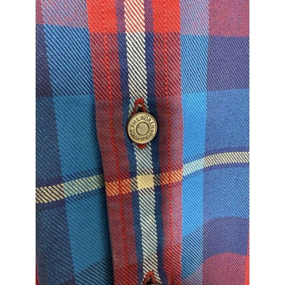 Vtg Polo Ralph Lauren Red Plaid Heavy Western Mandarin Silver Button Shirt Sz XL